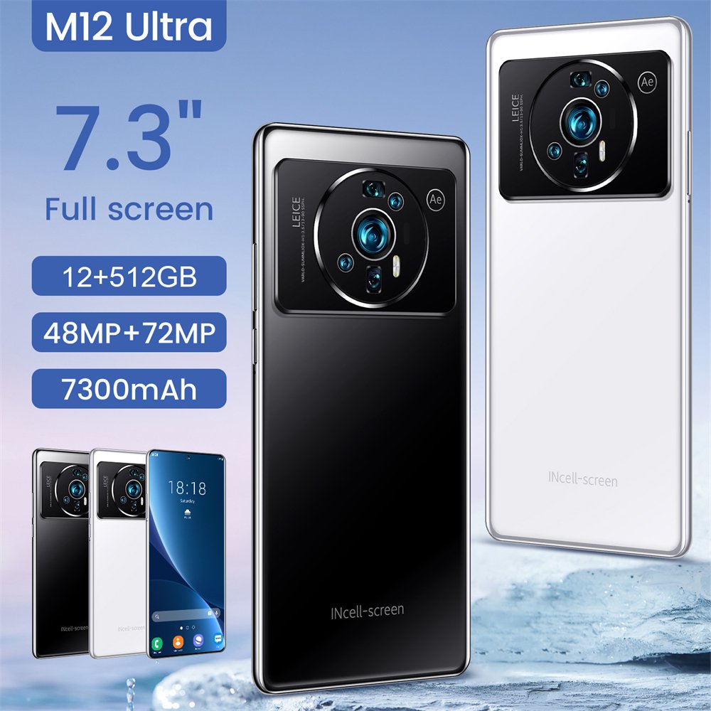 7.3 inch large screen online gaming video smartphone M12 12+512 large memory Android cross-border mobile phone for foreign trade
